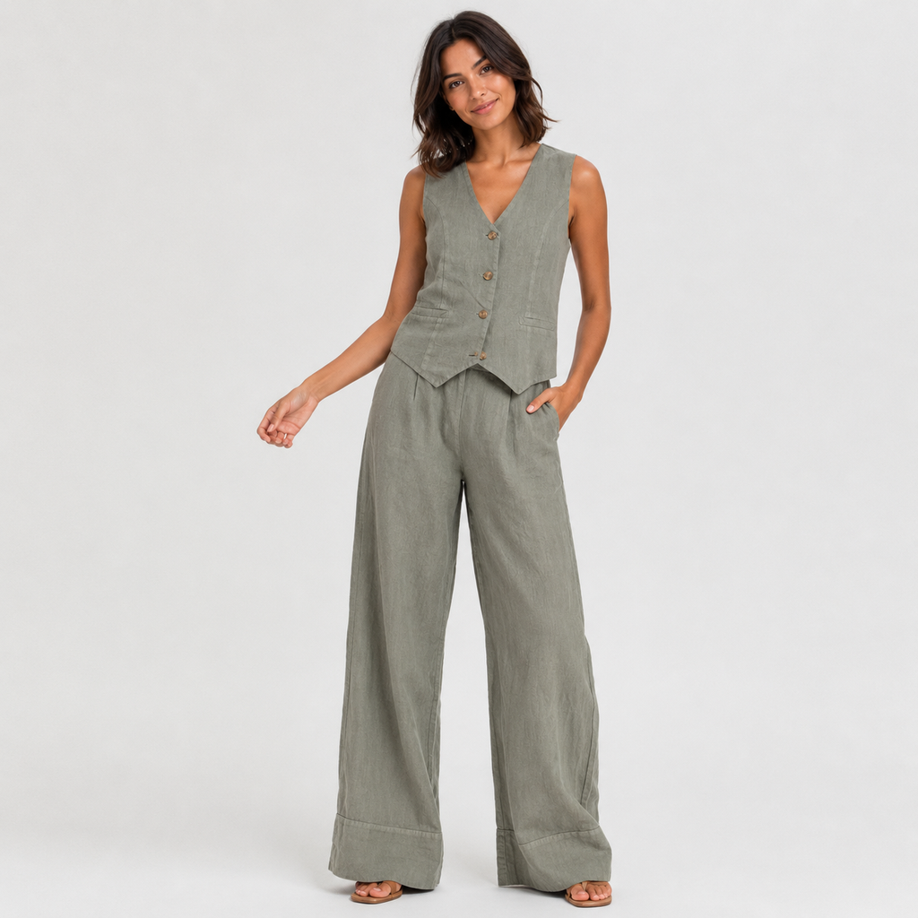 2-Piece Cotton Linen Matching Set - V-Neck Button-Down Vest & High-Waisted Wide-Leg Pants Suit - Luxxella