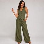 2-Piece Cotton Linen Matching Set - V-Neck Button-Down Vest & High-Waisted Wide-Leg Pants Suit - Luxxella