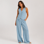 2-Piece Cotton Linen Matching Set - V-Neck Button-Down Vest & High-Waisted Wide-Leg Pants Suit - Luxxella