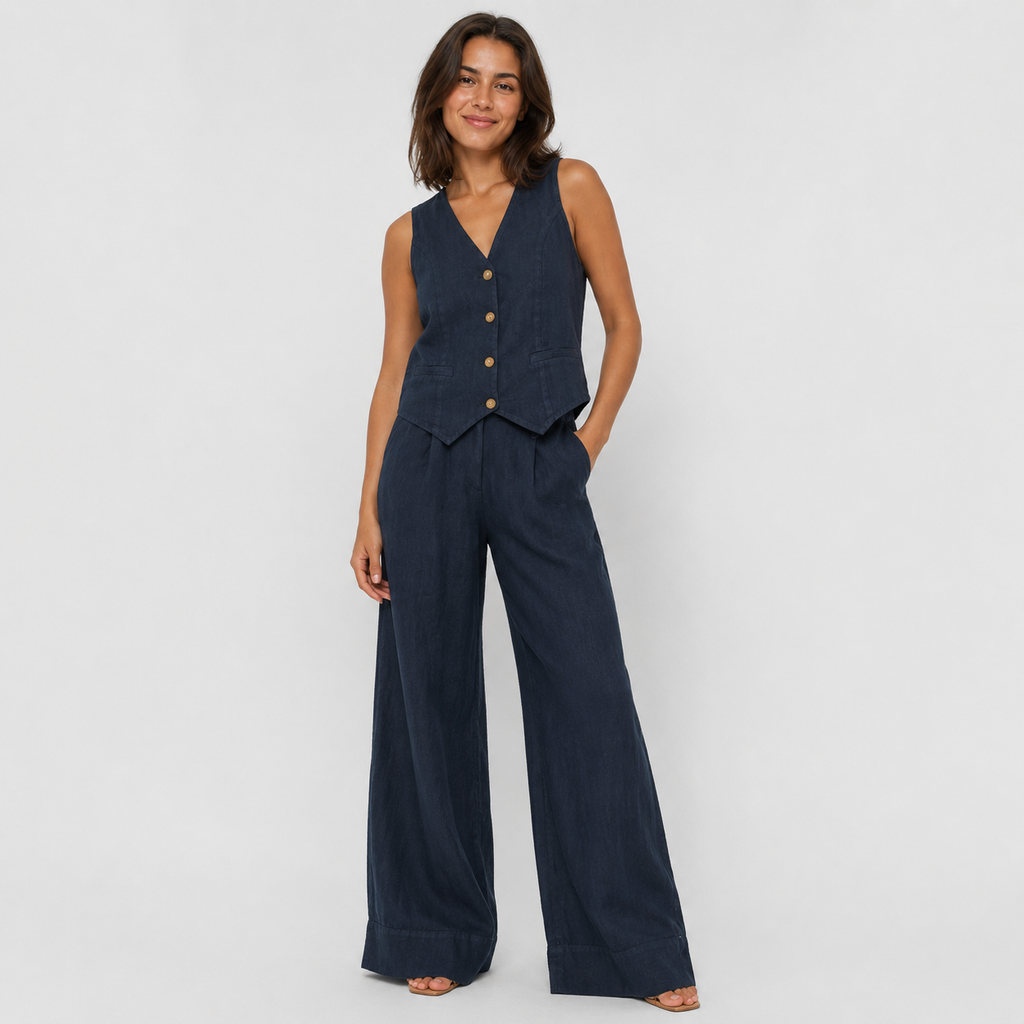 2-Piece Cotton Linen Matching Set - V-Neck Button-Down Vest & High-Waisted Wide-Leg Pants Suit - Luxxella