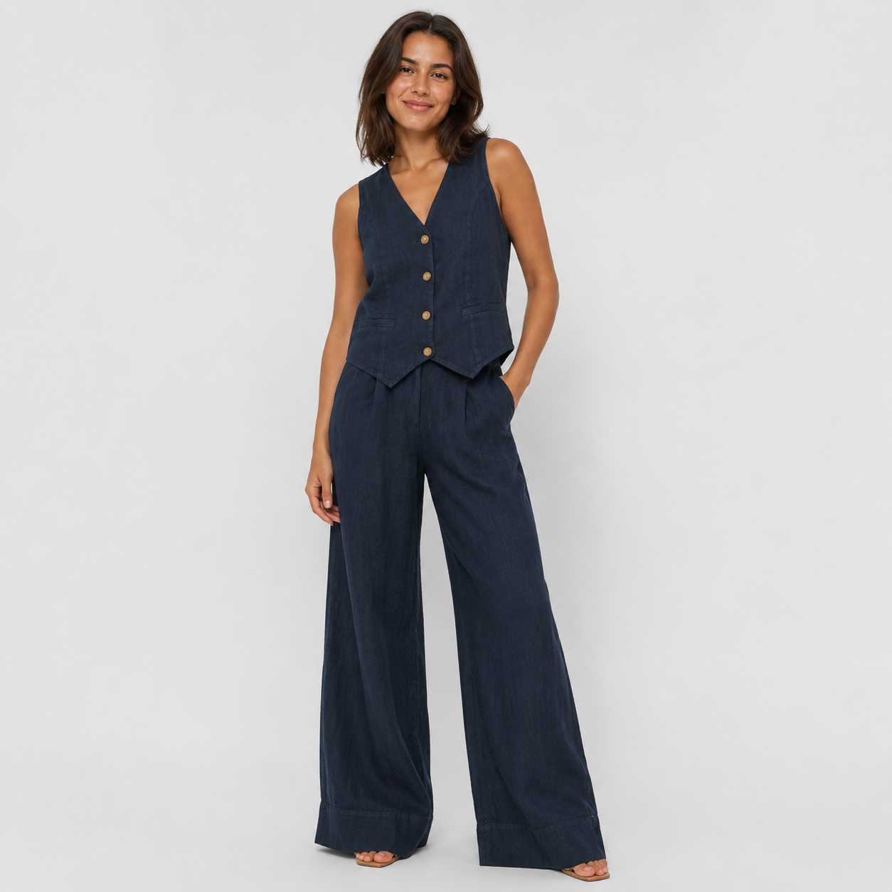 2-Piece Cotton Linen Matching Set - V-Neck Button-Down Vest & High-Waisted Wide-Leg Pants Suit - Luxxella