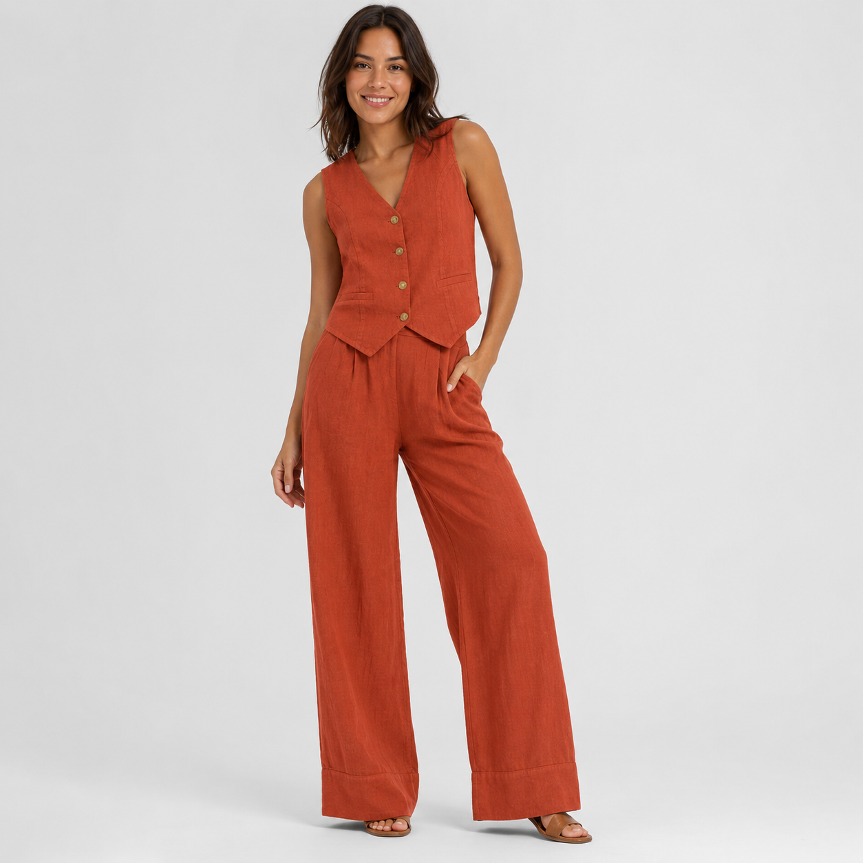 2-Piece Cotton Linen Matching Set - V-Neck Button-Down Vest & High-Waisted Wide-Leg Pants Suit - Luxxella