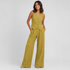 2-Piece Cotton Linen Matching Set - V-Neck Button-Down Vest & High-Waisted Wide-Leg Pants Suit - Luxxella