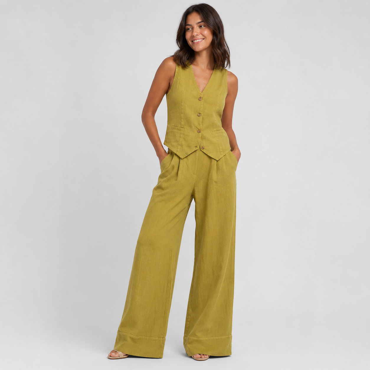 2-Piece Cotton Linen Matching Set - V-Neck Button-Down Vest & High-Waisted Wide-Leg Pants Suit - Luxxella