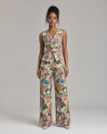 2-Piece Floral Jacquard Pant Set - Women's Sleeveless Button-Up Vest & High-Waisted Wide-Leg Trousers