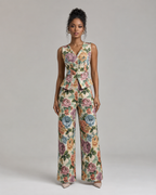 2-Piece Floral Jacquard Pant Set - Women's Sleeveless Button-Up Vest & High-Waisted Wide-Leg Trousers