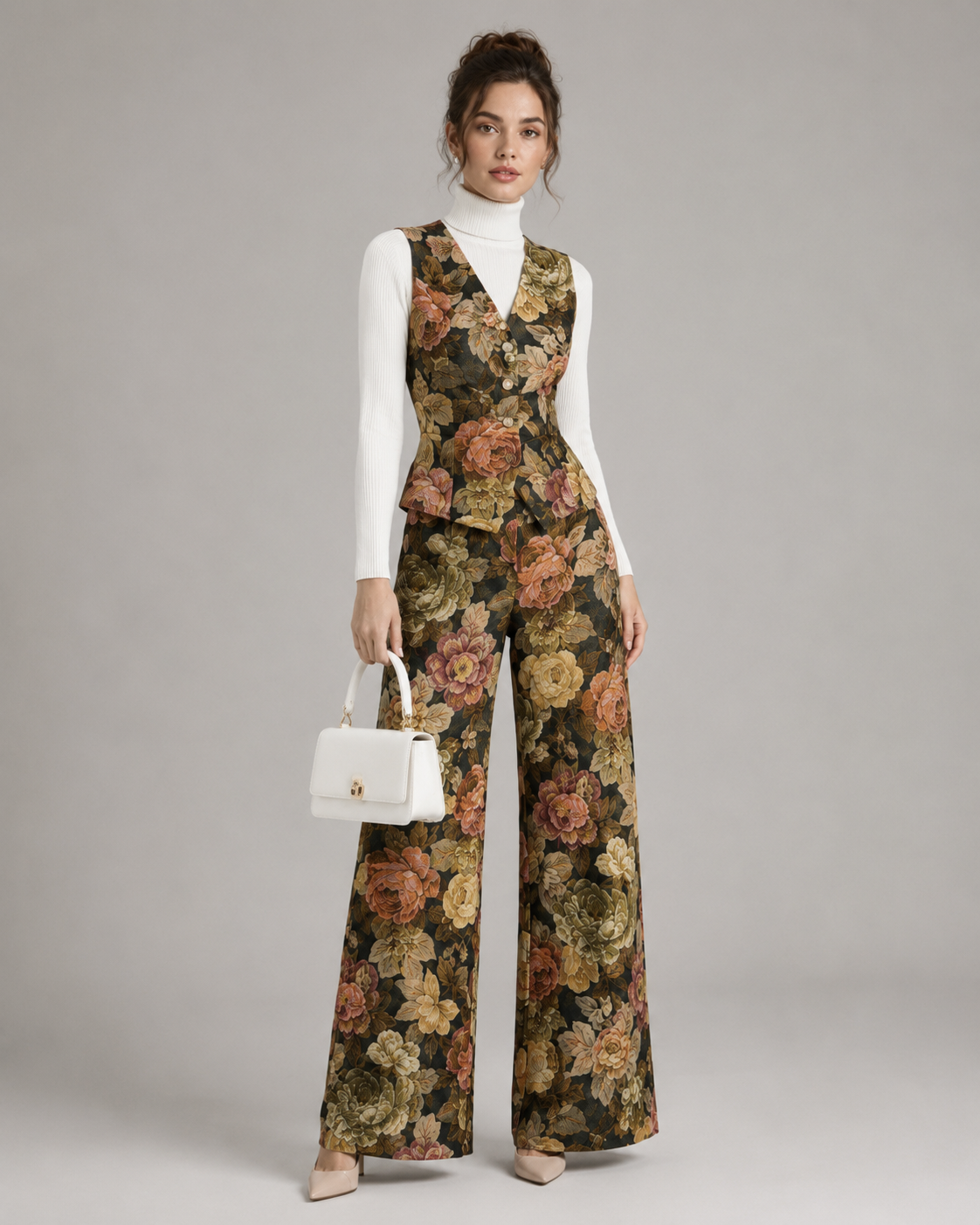 2-Piece Floral Jacquard Pant Set - Women's Sleeveless Button-Up Vest & High-Waisted Wide-Leg Trousers