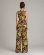 2-Piece Floral Jacquard Pant Set - Women's Sleeveless Button-Up Vest & High-Waisted Wide-Leg Trousers