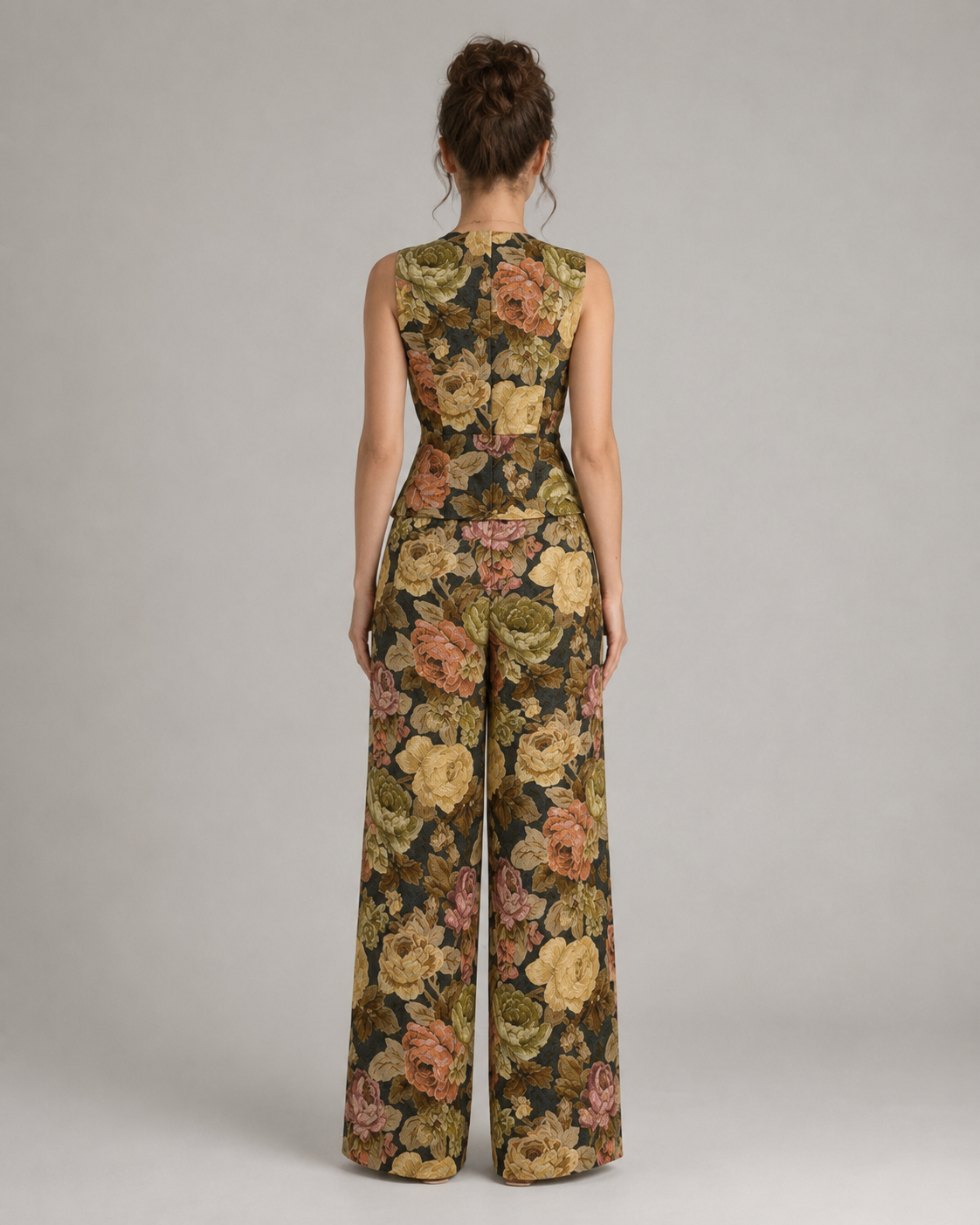 2-Piece Floral Jacquard Pant Set - Women's Sleeveless Button-Up Vest & High-Waisted Wide-Leg Trousers