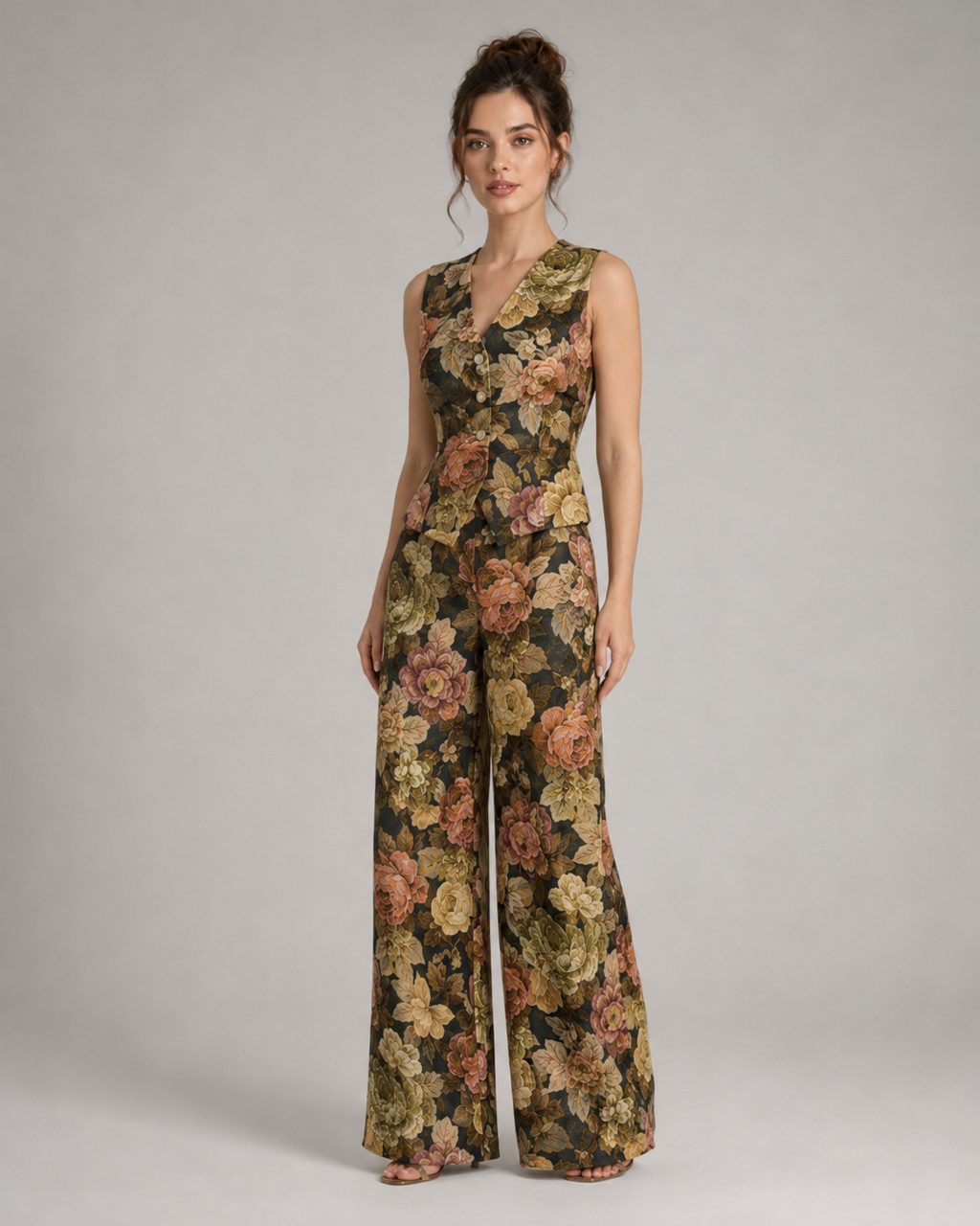 2-Piece Floral Jacquard Pant Set - Women's Sleeveless Button-Up Vest & High-Waisted Wide-Leg Trousers