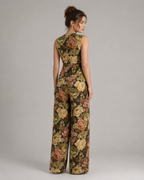 2-Piece Floral Jacquard Pant Set - Women's Sleeveless Button-Up Vest & High-Waisted Wide-Leg Trousers