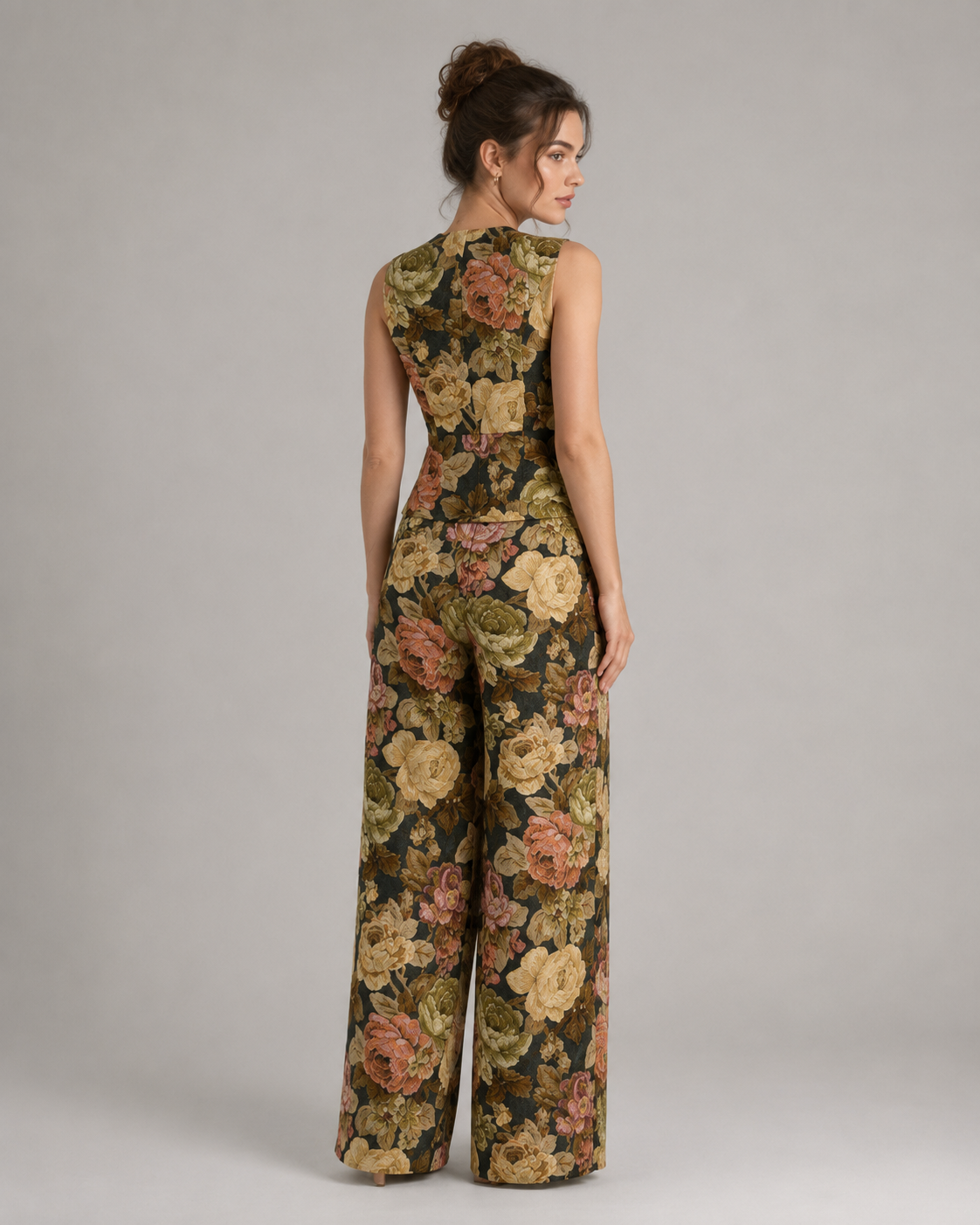 2-Piece Floral Jacquard Pant Set - Women's Sleeveless Button-Up Vest & High-Waisted Wide-Leg Trousers