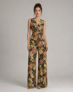 2-Piece Floral Jacquard Pant Set - Women's Sleeveless Button-Up Vest & High-Waisted Wide-Leg Trousers