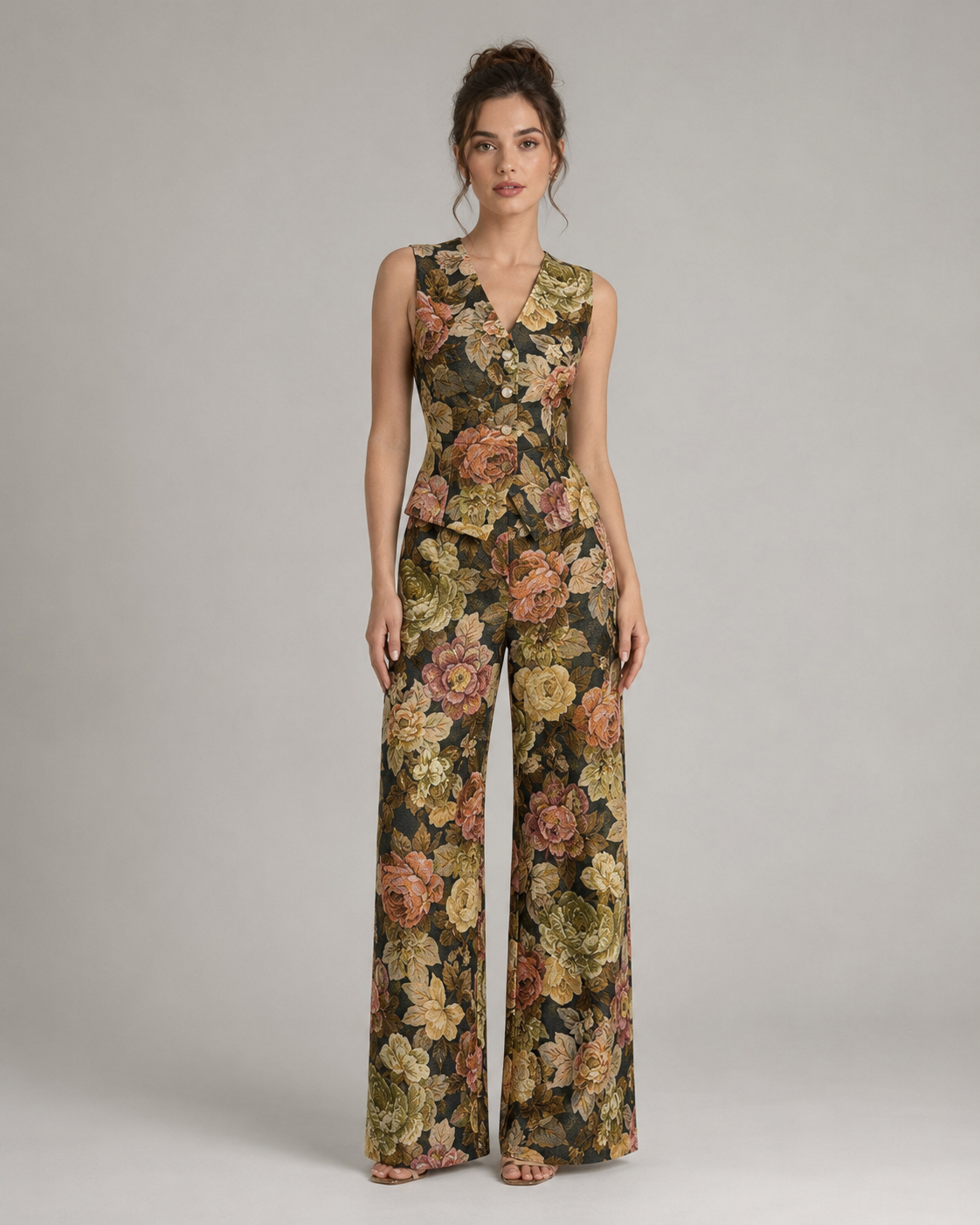 2-Piece Floral Jacquard Pant Set - Women's Sleeveless Button-Up Vest & High-Waisted Wide-Leg Trousers