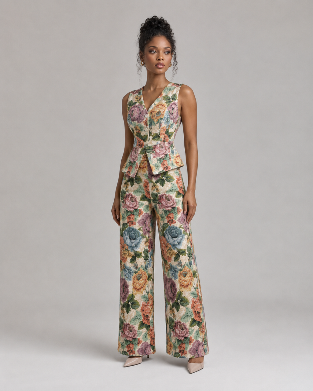 2-Piece Floral Jacquard Pant Set - Women's Sleeveless Button-Up Vest & High-Waisted Wide-Leg Trousers