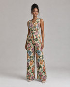 2-Piece Floral Jacquard Pant Set - Women's Sleeveless Button-Up Vest & High-Waisted Wide-Leg Trousers