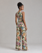 2-Piece Floral Jacquard Pant Set - Women's Sleeveless Button-Up Vest & High-Waisted Wide-Leg Trousers