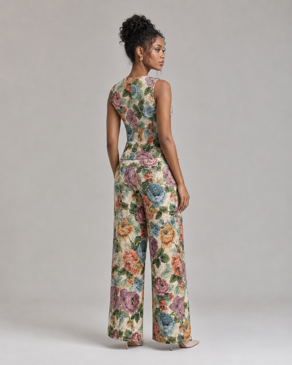 2-Piece Floral Jacquard Pant Set - Women's Sleeveless Button-Up Vest & High-Waisted Wide-Leg Trousers