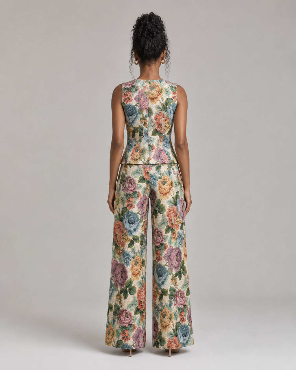 2-Piece Floral Jacquard Pant Set - Women's Sleeveless Button-Up Vest & High-Waisted Wide-Leg Trousers