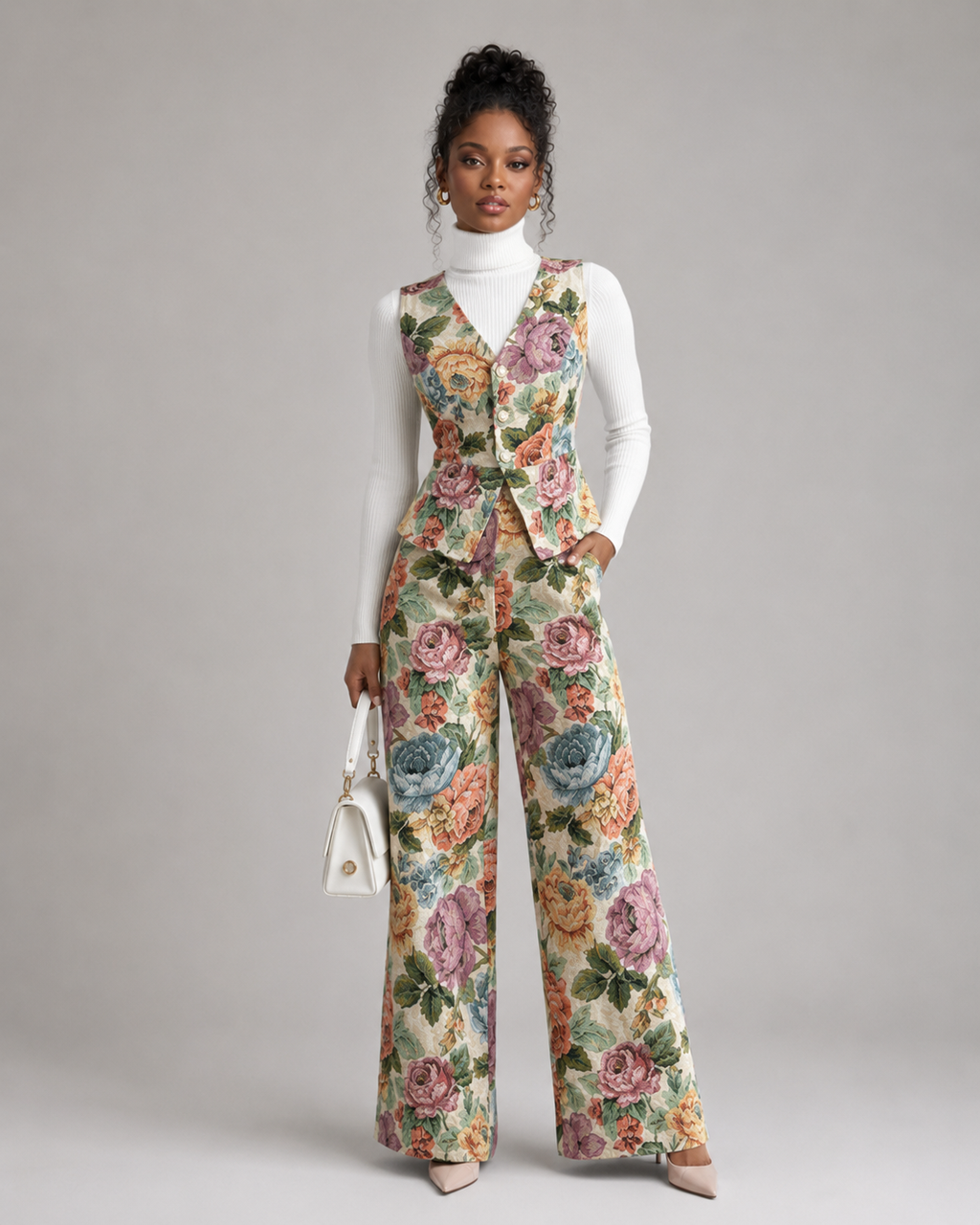 2-Piece Floral Jacquard Pant Set - Women's Sleeveless Button-Up Vest & High-Waisted Wide-Leg Trousers