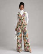 2-Piece Floral Jacquard Pant Set - Women's Sleeveless Button-Up Vest & High-Waisted Wide-Leg Trousers