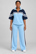Ensemble de survêtement bicolore 2 pièces : pull à manches courtes et demi-zip et pantalon large, décontracté