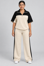Ensemble de survêtement bicolore 2 pièces : pull à manches courtes et demi-zip et pantalon large, décontracté