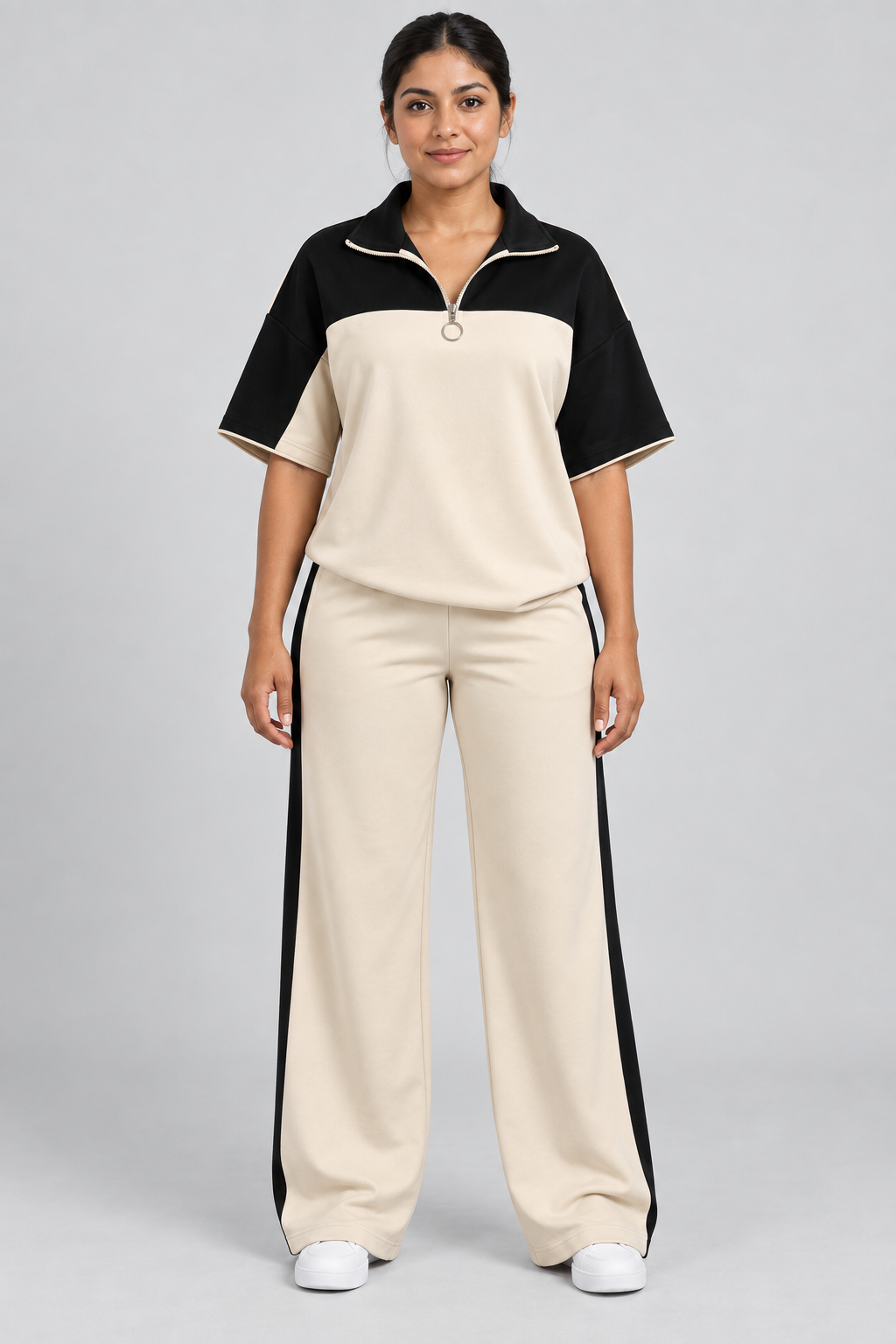 Ensemble de survêtement bicolore 2 pièces : pull à manches courtes et demi-zip et pantalon large, décontracté