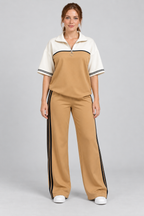 Ensemble de survêtement bicolore 2 pièces : pull à manches courtes et demi-zip et pantalon large, décontracté