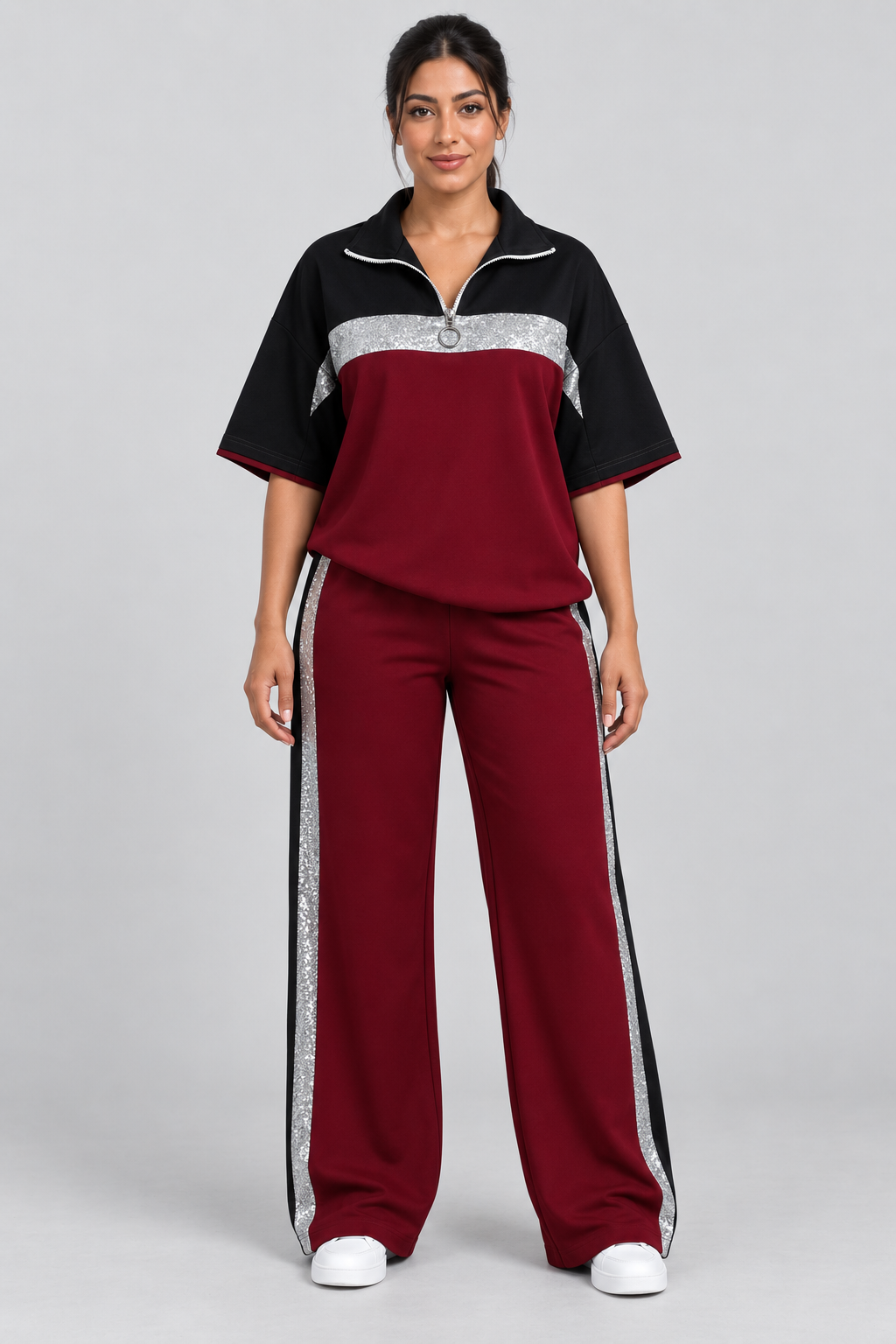 Ensemble de survêtement bicolore 2 pièces : pull à manches courtes et demi-zip et pantalon large, décontracté