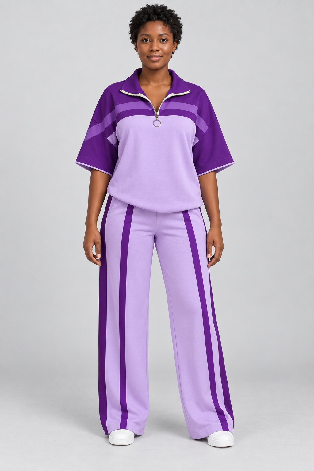 Ensemble de survêtement bicolore 2 pièces : pull à manches courtes et demi-zip et pantalon large, décontracté