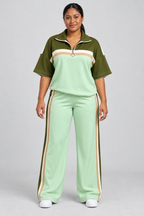 Ensemble de survêtement bicolore 2 pièces : pull à manches courtes et demi-zip et pantalon large, décontracté