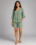 2-Piece Linen Short Set - V-Neck Button Up Ruffle Sleeve Blouse & Lounge Shorts Co-ord Suit