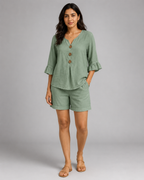 2-Piece Linen Short Set - V-Neck Button Up Ruffle Sleeve Blouse & Lounge Shorts Co-ord Suit