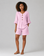 2-Piece Linen Short Set - V-Neck Button Up Ruffle Sleeve Blouse & Lounge Shorts Co-ord Suit