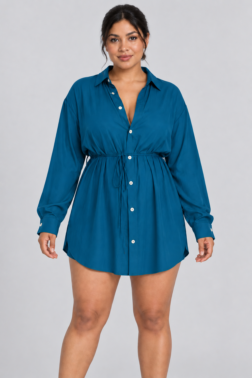 Ensemble 2 pièces surdimensionné chemise boutonnée et short pour femme, taille élastique avec cordon de serrage, style barboteuse/combinaison