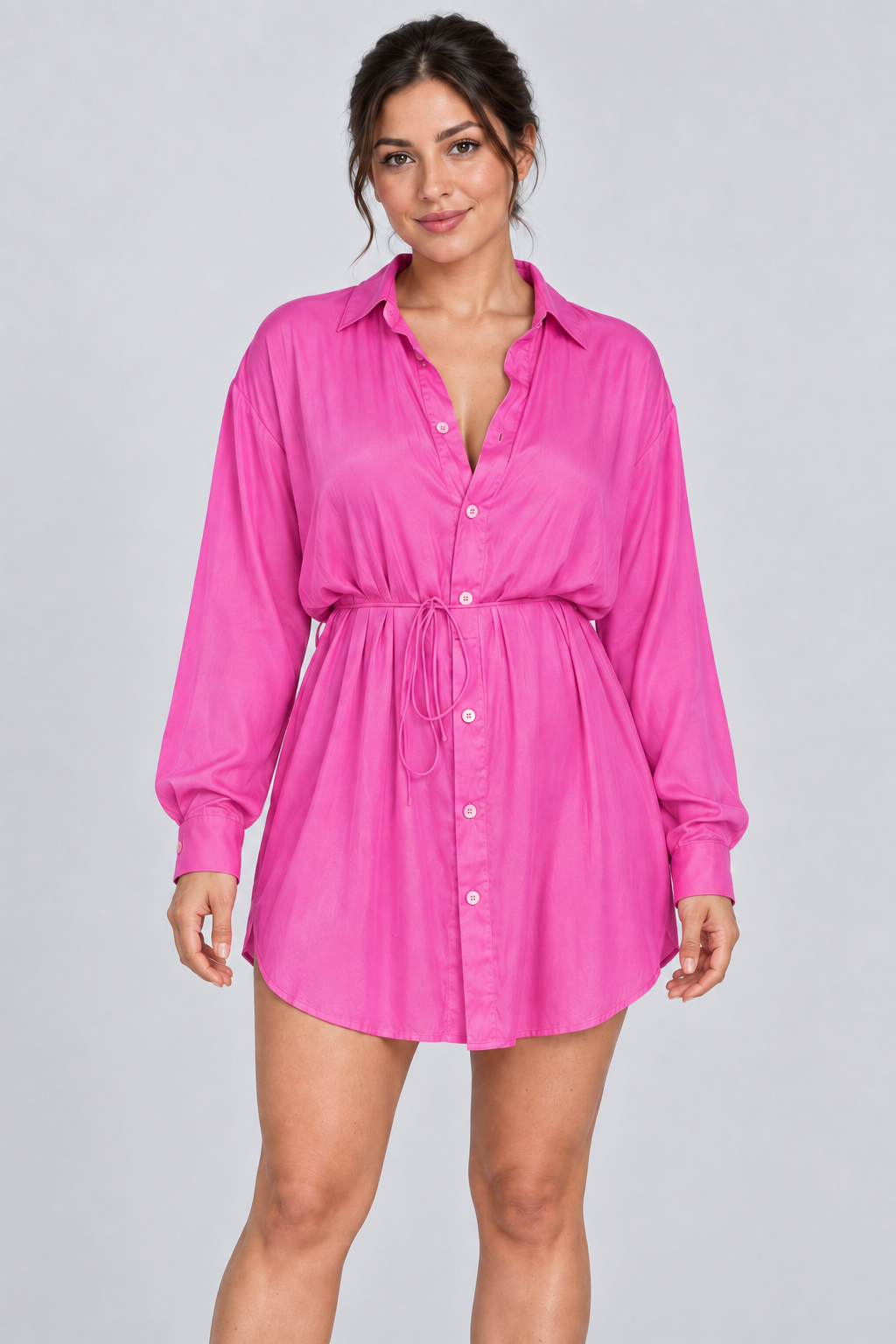 Ensemble 2 pièces surdimensionné chemise boutonnée et short pour femme, taille élastique avec cordon de serrage, style barboteuse/combinaison