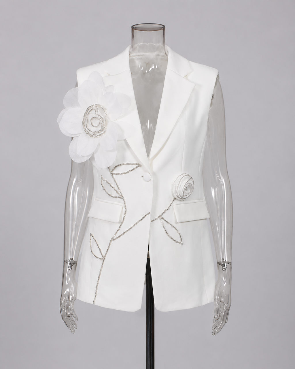 2-Piece White Bridal Co-ord Set - Sleeveless V-Neck Blazer Vest & Wide-Leg Trousers with Flower Embroidery