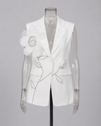 2-Piece White Bridal Co-ord Set - Sleeveless V-Neck Blazer Vest & Wide-Leg Trousers with Flower Embroidery