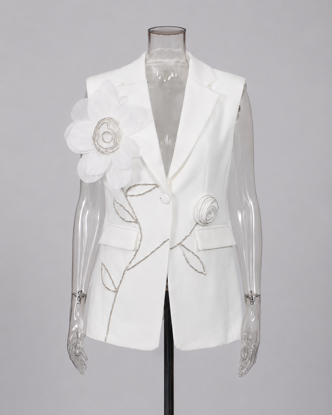 2-Piece White Bridal Co-ord Set - Sleeveless V-Neck Blazer Vest & Wide-Leg Trousers with Flower Embroidery