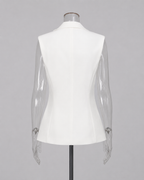 2-Piece White Bridal Co-ord Set - Sleeveless V-Neck Blazer Vest & Wide-Leg Trousers with Flower Embroidery