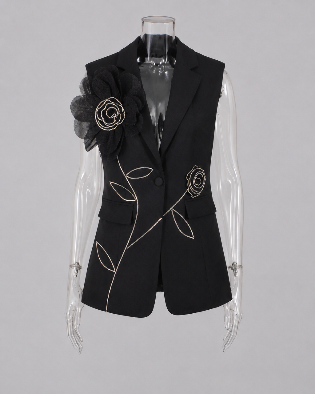 2-Piece White Bridal Co-ord Set - Sleeveless V-Neck Blazer Vest & Wide-Leg Trousers with Flower Embroidery