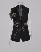 2-Piece White Bridal Co-ord Set - Sleeveless V-Neck Blazer Vest & Wide-Leg Trousers with Flower Embroidery