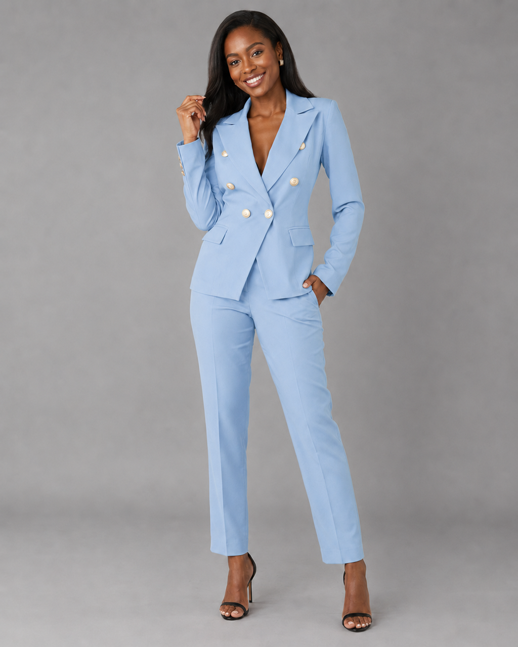 2-Piece Business Pant Suit - Double-Breasted Button Blazer & Slim Trousers Set - Luxxella