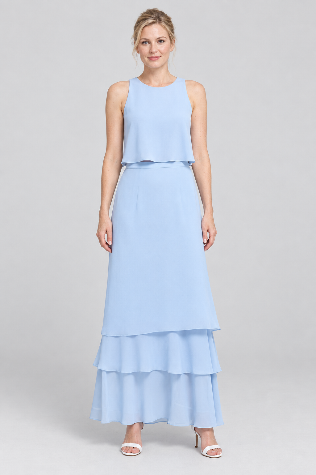 2-Piece Chiffon Bridesmaid Dress Sleeveless Crop Top and Tiered Ruffle Maxi Skirt Set Formal Evening Gown