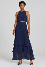 2-Piece Chiffon Bridesmaid Dress Sleeveless Crop Top and Tiered Ruffle Maxi Skirt Set Formal Evening Gown