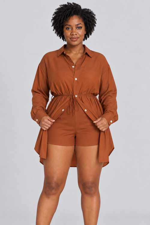 Zweiteiliges Oversize-Hemd und Shorts-Set mit Kordelzug und elastischem Bund, Einteiler-Outfit