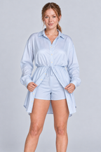 Ensemble 2 pièces surdimensionné chemise boutonnée et short pour femme, taille élastique avec cordon de serrage, style barboteuse/combinaison