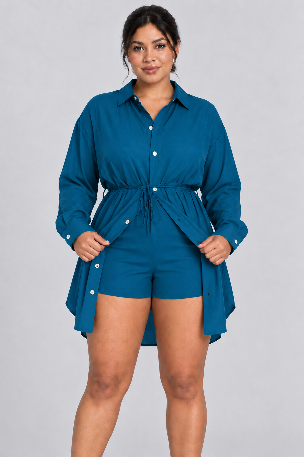 Ensemble 2 pièces surdimensionné chemise boutonnée et short pour femme, taille élastique avec cordon de serrage, style barboteuse/combinaison