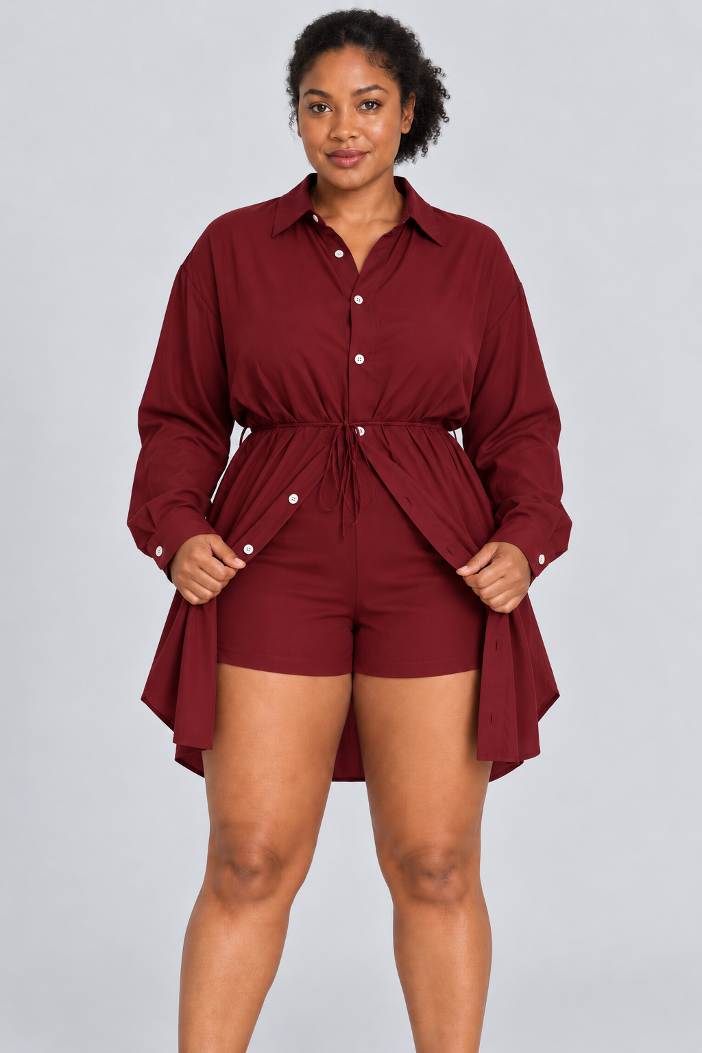 Ensemble 2 pièces surdimensionné chemise boutonnée et short pour femme, taille élastique avec cordon de serrage, style barboteuse/combinaison